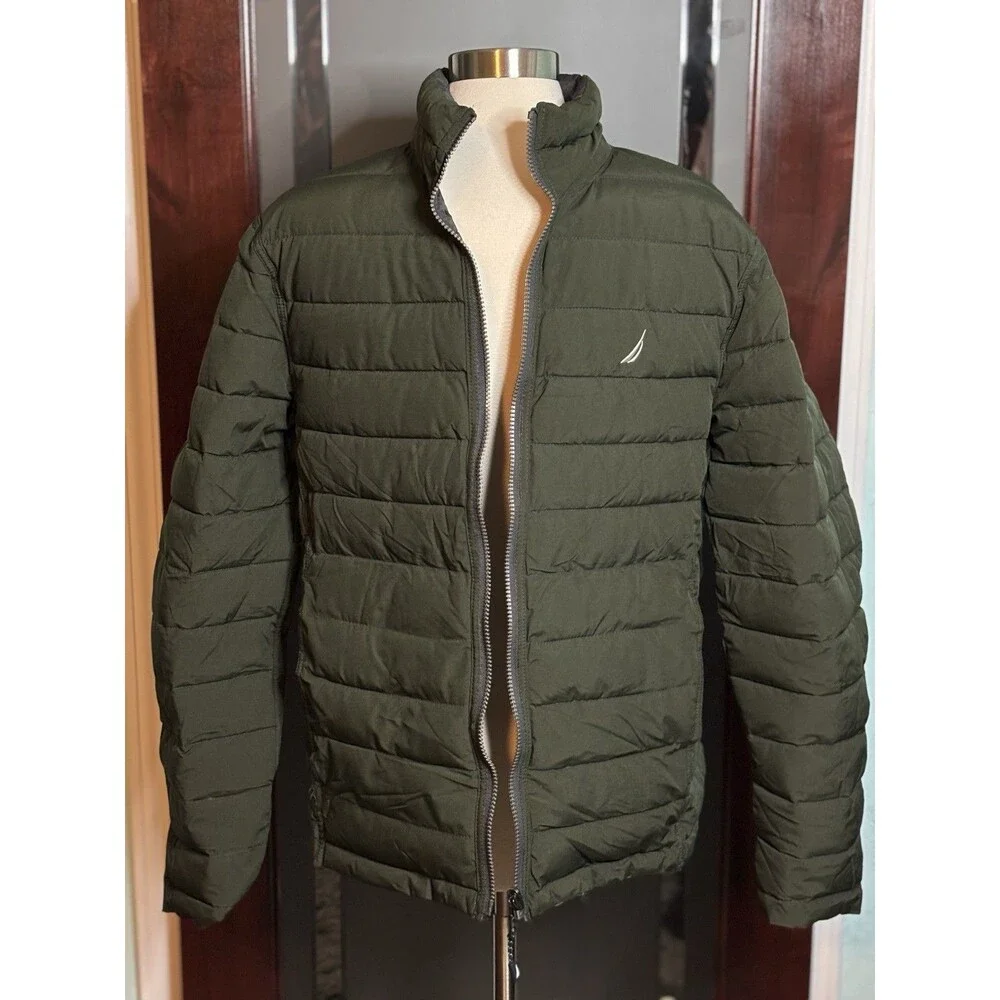 New Nautica Men’s Reversible Quilted Puffer Jacket Hunter Green / Camo Sz Large